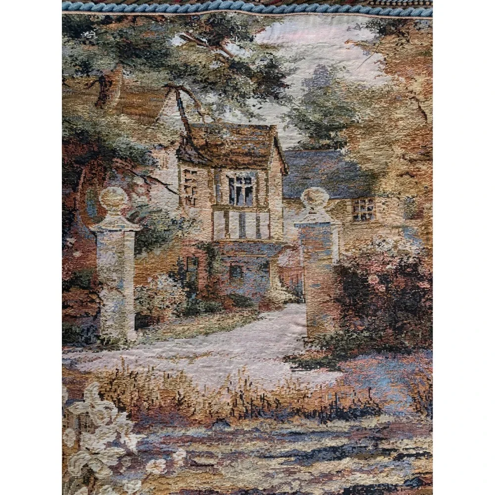 Woven Vintage Tapestry Wall Hanging English Country Manor Landscape Earth Tones